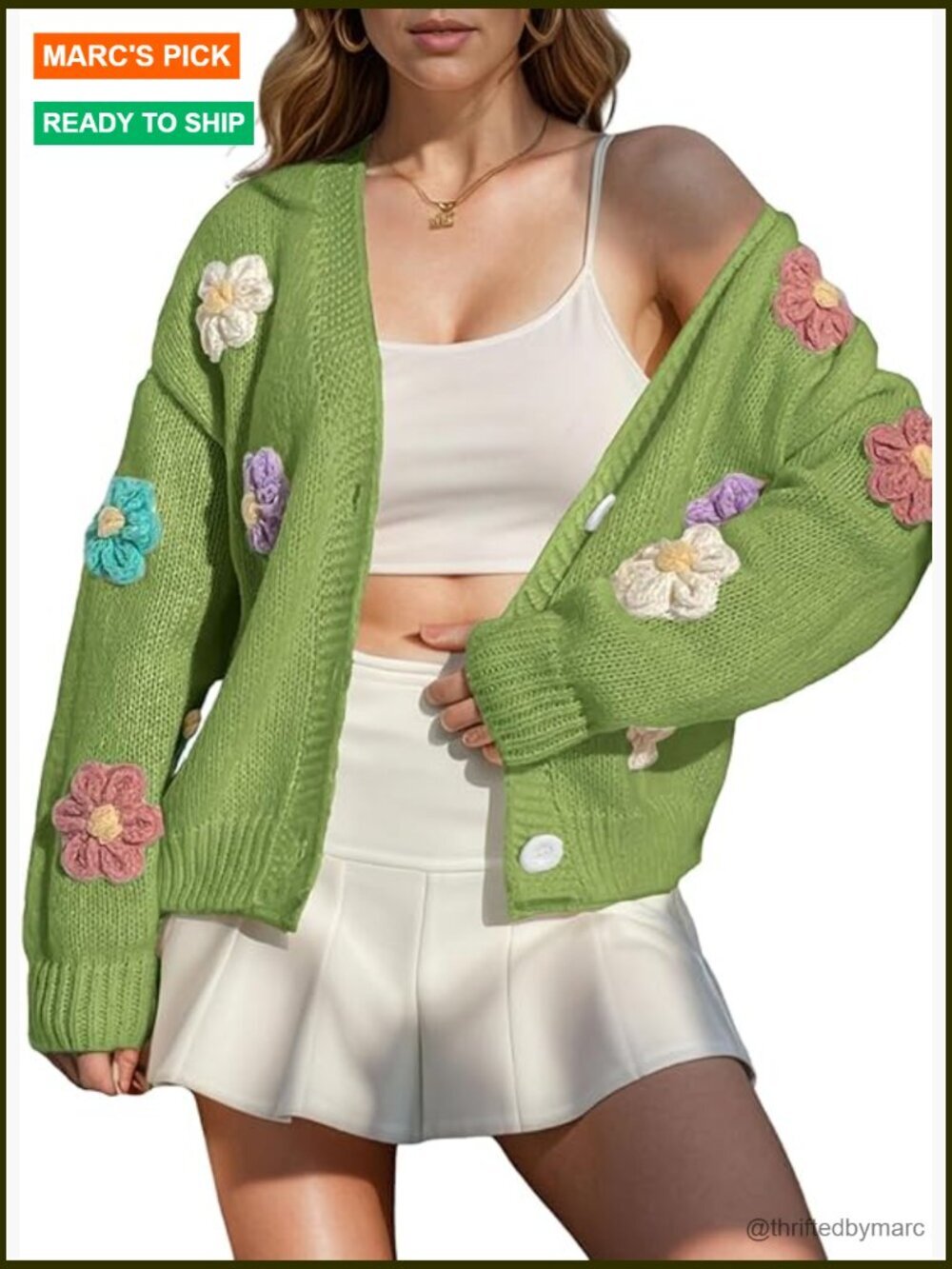Ribbed Knit Embroidery Floral Applique Cardigan V-Neck Button Up